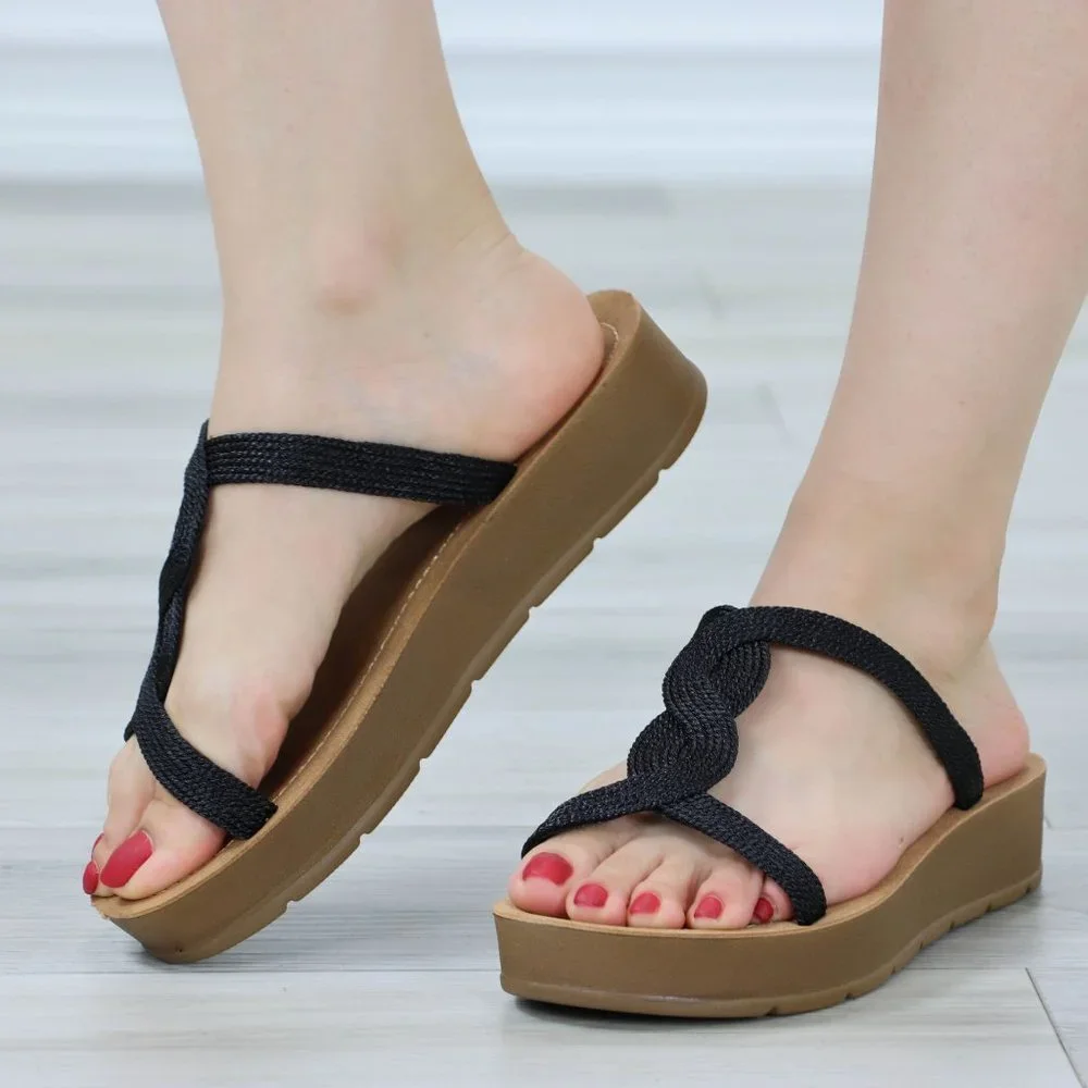 Black Women's T-Strap Gladiator Comfort Sandal Slip On Sliders Fabric Straps - Picture 6 of 11